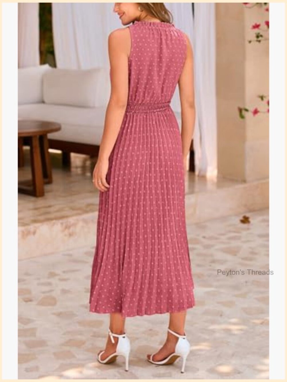 Swiss Dot Ruffle Sleeveless Midi Summer Dress with V Neck - Picture 2 of 7